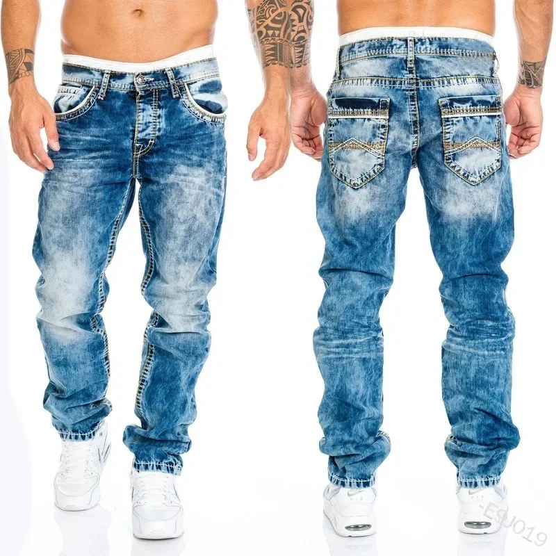 Imagen de Vaqueros rasgados de mezclilla para hombre, pantalones rectos ajustados con lavado de retales, pantalones Punk hasta el tobillo para motorista, ropa de calle con bolsillos de Hip Hop para hombre