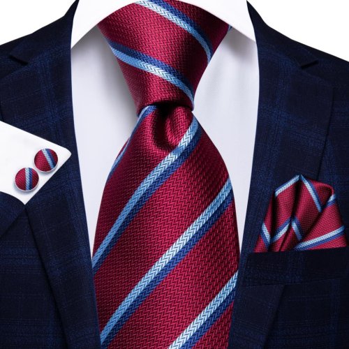 Imagen de Corbata de boda de seda a rayas rojas y negras para hombre, gemelos prácticos, regalo, corbata para ...