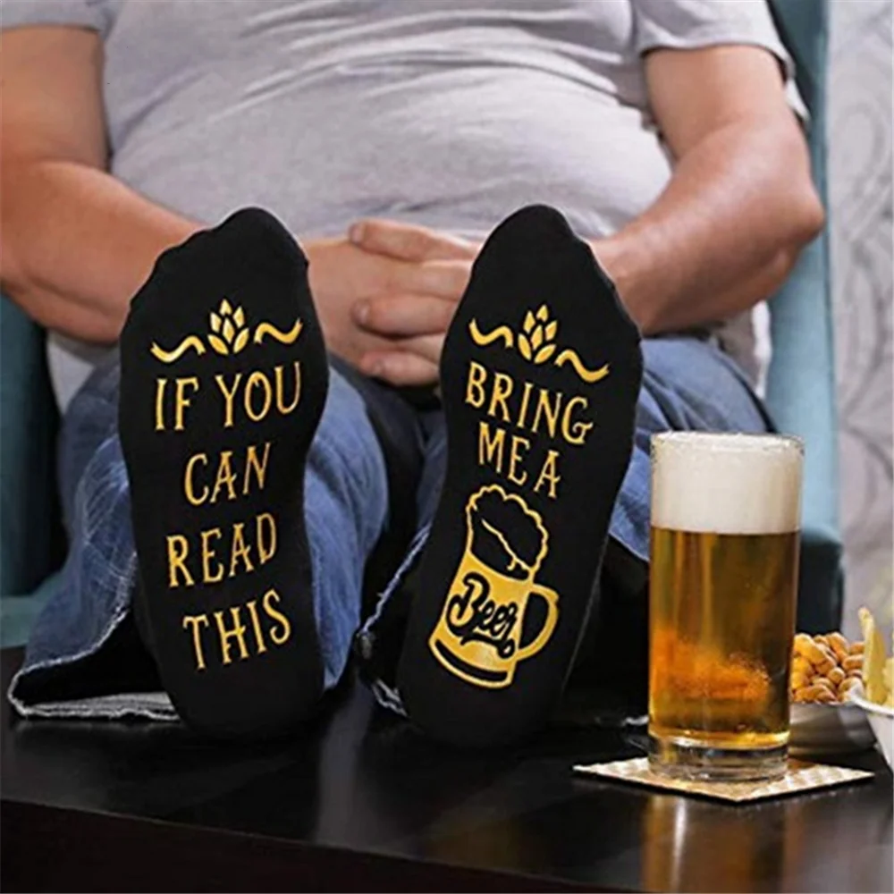 Image of Funny Men's Socks with 'If You Can Read This, Bring Me a Beer' Print – Novelty Gift for Hipsters, Rockers, and Punk Lovers
