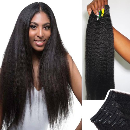 Bild von Natürliche Haarverlängerungen 120g, 8-teilig, voller Kopf, brasilianisches echtes Haar, unverarbeitet, 66 cm, natürliches schwarzes Haar, verworrene gerade Clip-In