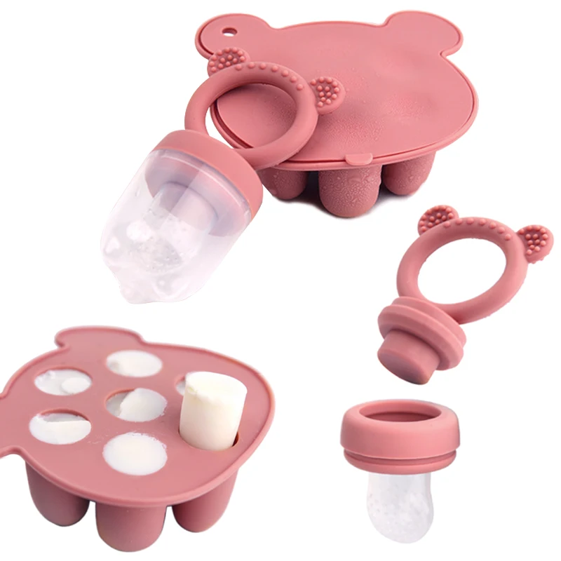 Immagine di Set Alimentatore per Bambini con Design Orso – Vassoi per Congelatore in Silicone, Stampi per Ghiaccioli e Contenitori per Frutta e Latte Materno