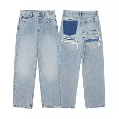 Image de Jeans Femme Déchirés Taille Haute Denim Patchwork