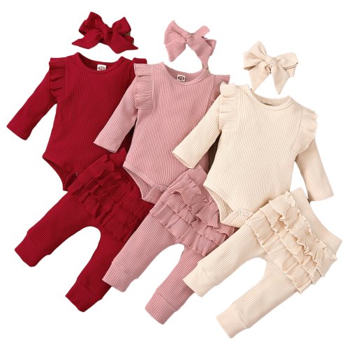 Bild von 3-teiliges Baby-Mädchen-Outfit-Set aus weicher Baumwolle mit Spitze und Rüschen – Body, Hose und Stirnband für Neugeborene und Kleinkinder