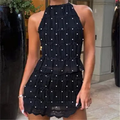 Ensemble Y2K Dentelle Transparente & Mini Jupe Smockée
