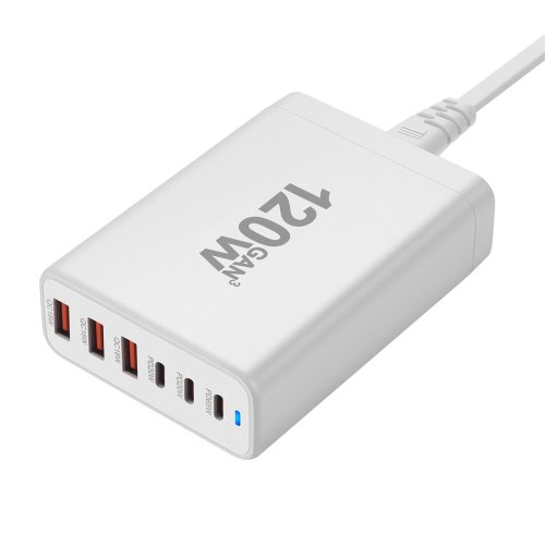 Afbeelding van Nieuwe Stijl 120W GAN Oplader met 6 Poorten USB-C PD Sneloplader voor Mobiele Telefoons en USB 3.0 Apparaten