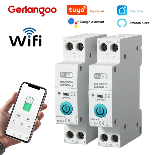 Image of Tuya WiFi Smart Circuit Breaker 1P+N 63A with Timer, Energy Meter, Voltage & Current Monitoring, Voice Control, and Remote Switch for Home Automation