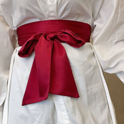 Image of Satin Ribbon Bow Wide Corset Belt 9.5x250cm Wine White Red Black Pink Yellow Navy DIY Bowknot Waistband for Women Girl