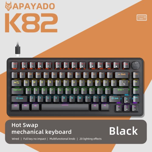 Immagine di Tastiera Meccanica da Gioco 75% Cablata con Manopola Multimediale, Hot Swap, Cappucci in ABS Trasparenti e Retroilluminazione RGB - Nero Apayado