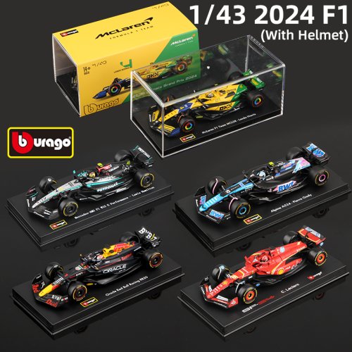 Immagine di Modello F1 1:43 BBURAGO 2024 – Miniatura Diecast con Casco in Lega