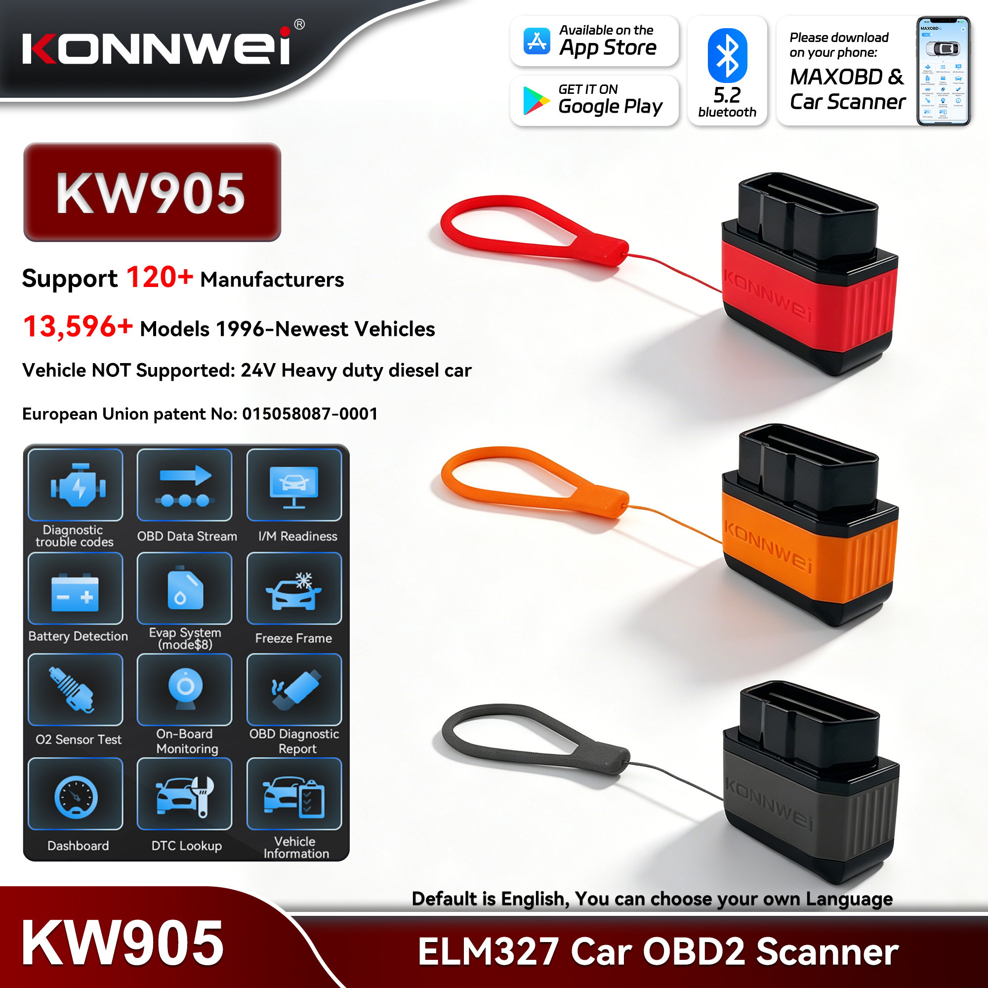 Immagine di KONNWEI KW905 ELM327 OBD2 Scanner per auto Bluetooth 5.0 Strumento scanner guasti motore Strumento diagnostico lettore di codici OBDII per Android/IOS