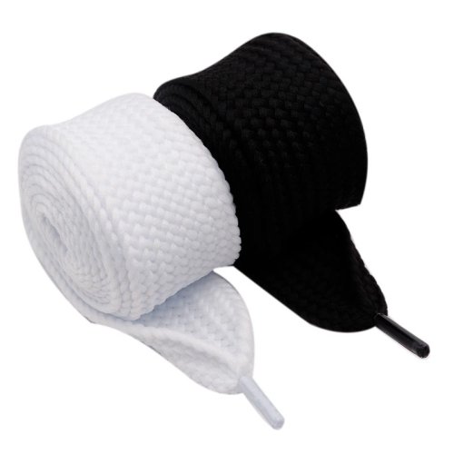 Image of Premium 4cm Wide Black and White Solid Color Flat Shoelaces – Durable Fat Laces for Sneakers, Hoodies, and Waist Drawstrings for Kids and Adults