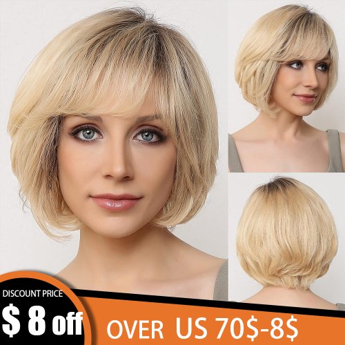 Image of Natural Ombre Blonde Human Hair Lace Front Wig with Hand-Tied HD Transparent Lace and Layered Bob Cut for Women