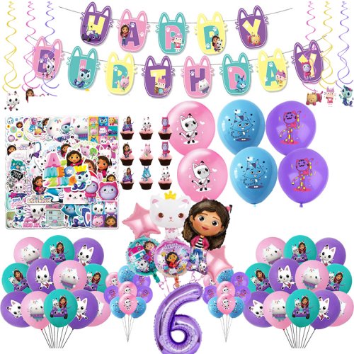 Afbeelding van Gabby Poppenhuis Verjaardagsfeest Decoratie Set met Ballonnen, Servies, Kopjes, Borden en Achtergrond – Compleet Katten Thema Decoratie Kit voor Meisjes