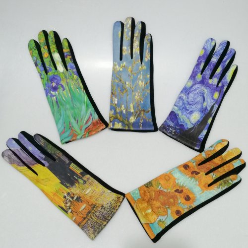 Image of Van Gogh Oil Painting Gloves Women Digital Print Party Mittens Luxury Brand Embroidery Touch Screen Glove Femme Cycling Guantes