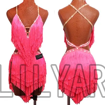 Image de Robe de danse latine rose scintillante à franges dos nu