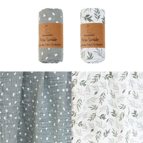 Zestaw 2 sztuk muślinowych kocyków dla niemowląt z 100% bawełny – delikatny otulacz i ręcznik kąpielowy Kangobaby Moje Miękkie Życie