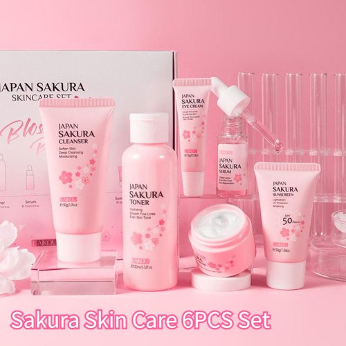 Imagen de Set de Cuidado Facial Natural Sakura con Crema, Suero, Tónico, Limpiador, Protector Solar y Crema de Ojos - Kit Completo para Piel Radiante