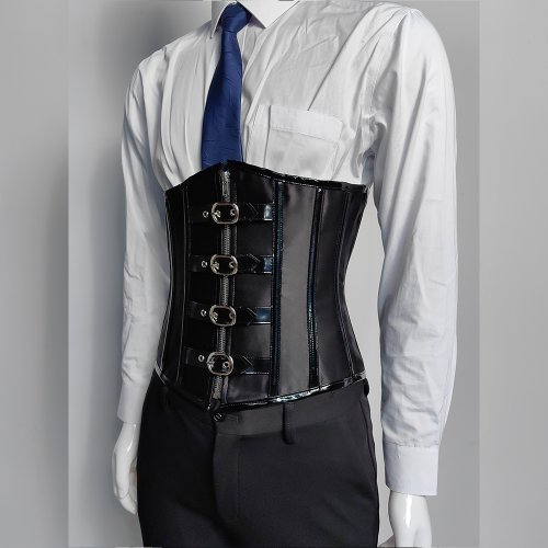 Image of Men's Steel-Boned Corset Waist Trainer with Zipper and Lace-Up Design for Tummy Control and Medieval-Style Body Shaping