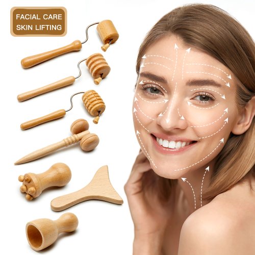 Imagen de Rodillo Facial de Madera Natural para Elevación y Antiarrugas con Terapia Gua Sha y Maderoterapia