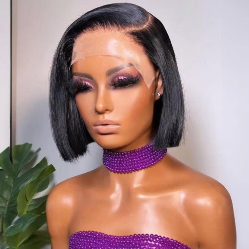 Image of Natural Straight Lace Frontal Bob Wig with Pre-Plucked Hairline - 14 Inch Brazilian Remy Human Hair Short Bob Wig for Women