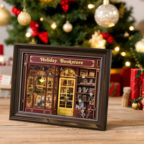 Immagine di Kit Angolo Libro con Libreria Natalizia in Legno 3D Fai da Te – Casa delle Bambole, Cornice per Foto, Ornamento Decorativo e Modello Fermalibri per la Decorazione della Casa