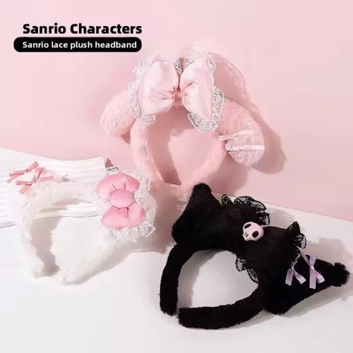 Image of Adorable Sanrio Lace Headband with Hello Kitty and Kuromi Plush Bow – Sweet Lolita Fashion Hair Accessory for Girls