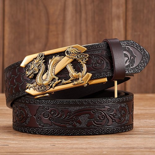 Afbeelding van Elegante Herenriem van Split Leder met Draakpatroon en Automatische Gesp – Retro Stijl in 3,5 cm Breedte