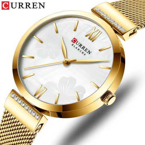 Imagen de Reloj de Moda Curren para Mujer, Elegante Reloj de Pulsera Dorado de Cuarzo, Reloj Femenino de Lujo con Correa de Acero Inoxidable Ideal para Vestidos