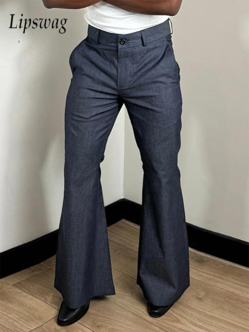 Image of 2025 Spring Autumn Men's Casual Solid Color Wide Leg Flared Trousers – Vintage Loose Fit Dancing Pants for Fashionable Parties