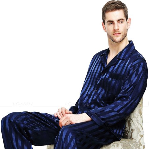 Image of Mens Silk Satin Pajamas Set  Pajama Pyjamas Set  PJS  Sleepwear Set Loungewear  U.S.S,M,L,XL,2XL,3XLL,4XL Plus Striped