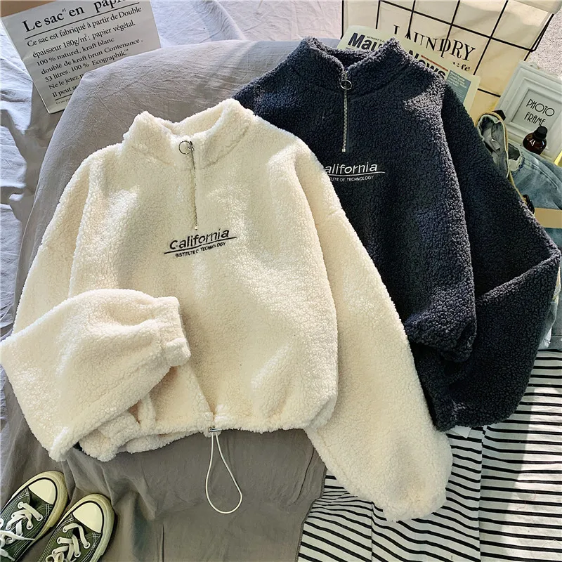 Imagen de Suéter de Cuello Medio Alto con Letras para Mujer, Top Suelto de Manga Larga con Cremallera, Sudadera Deportiva Estilo Casual Otoño 2023