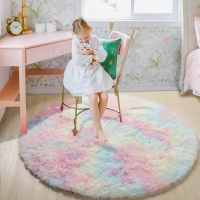Image de Tapis Rond Doux pour Chambre d'Enfant - Princesse & Château