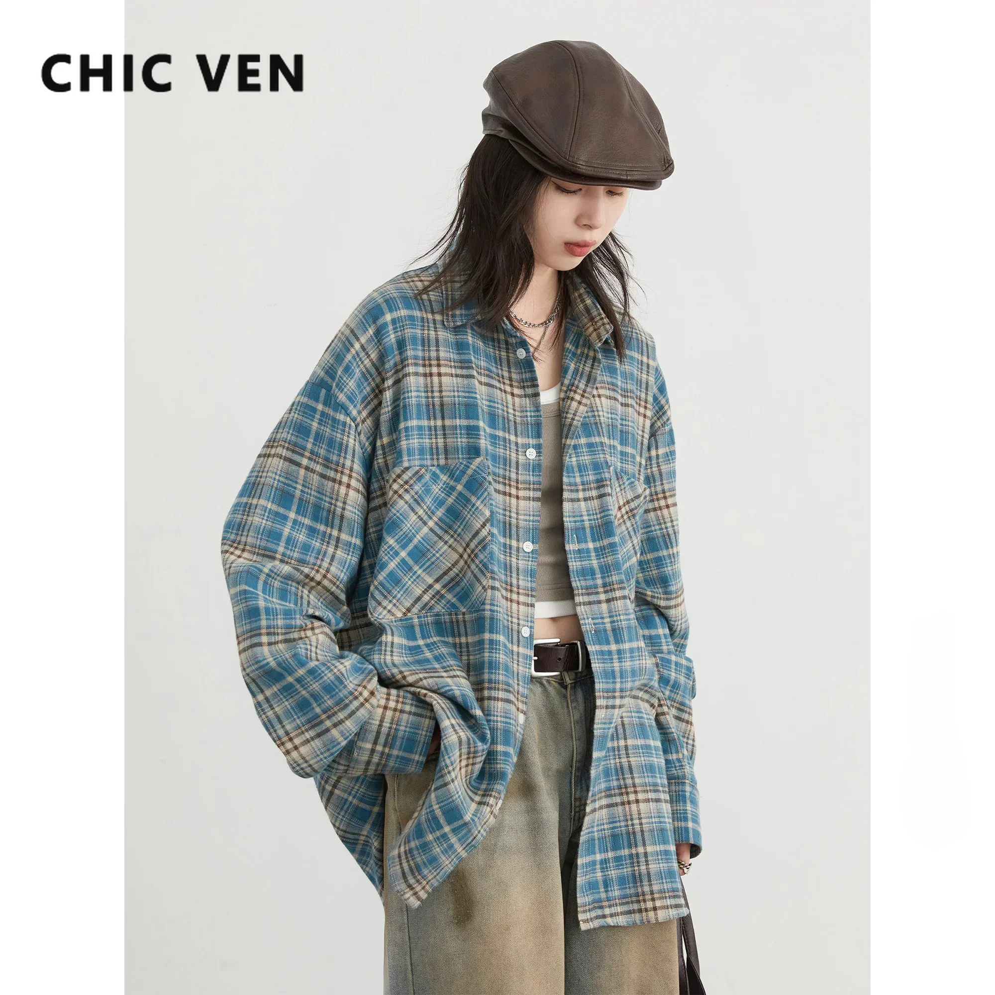 Afbeelding van Chic Vrouwen Katoenen Overhemd met Enkelborst, Losse Snit, Retro Kleurblok Ruitpatroon – Nieuwe Stijl voor Herfst en Lente 2026