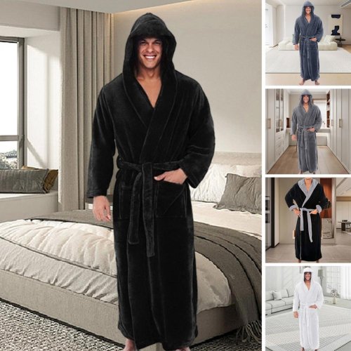 Image of Luxurious Men's Plush Hooded Bathrobe with Adjustable Belt – Ultra-Soft, Absorbent, and Comfortable Robe with Pockets for Ultimate Relaxation