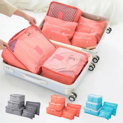 Imagen de Bolsas de Viaje para Equipaje con Organizador de Ropa Interior y Zapatos, Tela Oxford Impermeable, Cubo Organizador Rojo para Maleta, Juego de 6 Unidades