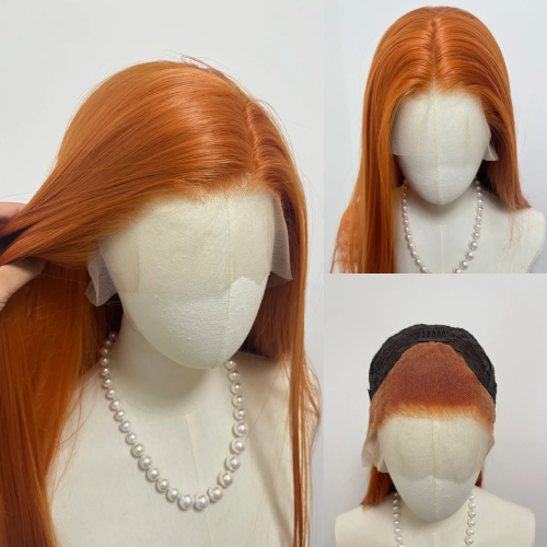 Zdjęcie Peruka typu Lace Front dla kobiet – pomarańczowa imbirowa, 66 cm, długa prosta, syntetyczna z koronką 13x4, naturalny wygląd, idealna do cosplayu i codziennego użytku