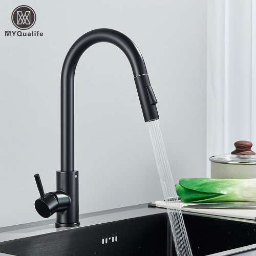 Grifo de Cocina Negro con Mezclador Extraíble de Doble Función para Agua Fría y Caliente, Montaje en Cubierta