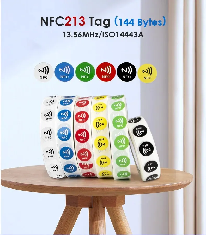 Imagen de Etiquetas Adhesivas NFC NTAG213 de 144 Bytes - Pack de 6 Unidades en 6 Colores para Teléfonos Inteligentes y Aplicaciones IoT