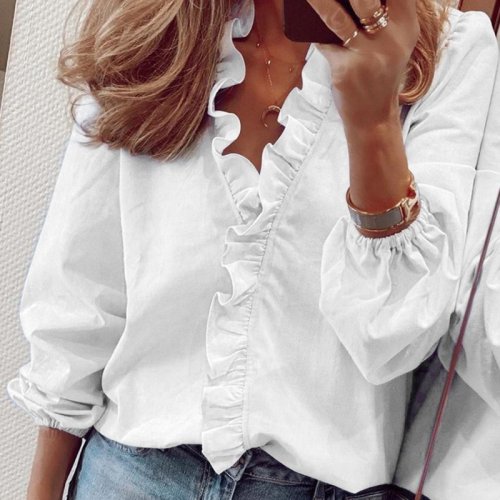 Zdjęcie Gorąca wyprzedaż Damskie topy i bluzki Elegancka biała koszula z długim rękawem Damska koszulka w jednolitym kolorze Femme Blusa Feminina Streetwear
