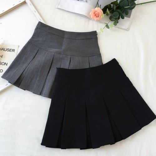 Image of Elegant High-Waisted Pleated Mini Skirt for Women – Grey and Black Summer JK Style Zipper Front School Uniform Inspired Fashion Skirt 2023