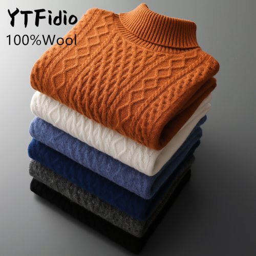 Immagine di Maglione Uomo in 100% Lana Pura - Dolcevita Caldo e Comfortevole con Tessuto Jacquard Ispessito, Stile Casual per Inverno