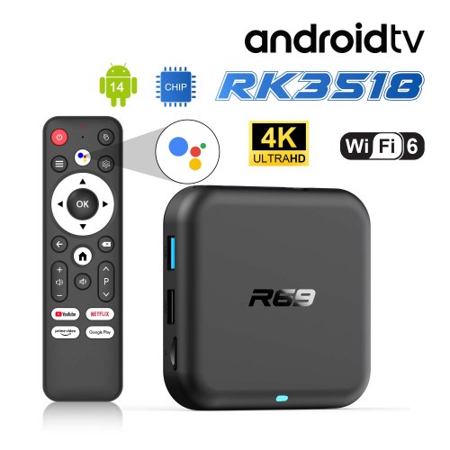 Image of 2025 Smart TV Box R69 with Rockchip RK3518 Chipset: 4K Ultra HD Android TV 14 Set-Top Box Supporting HDR10, WiFi 6, and Bluetooth 5.0
