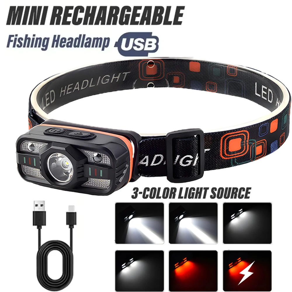 Imagen de Linterna Frontal LED Recargable por USB con Batería Integrada, 6 Modos de Iluminación, Ideal para Pesca, Acampar y Actividades al Aire Libre