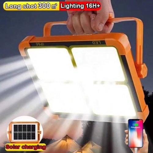 Imagen de Luz solar portátil para acampar con soporte, lámpara con batería recargable, reflectores LED inalámbricos para el trabajo, fallos de energía de emergencia