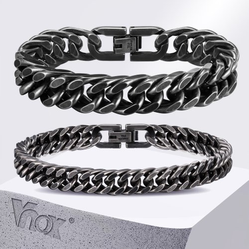Image of Bold Stainless Steel Cuban Bracelet for Men and Boys – 8mm & 12mm Oxidized Punk Rock Chain Wristband Jewelry