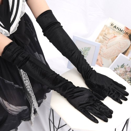 Image of Elegant 55cm Vintage Black Velvet Long Gloves for Women – Opera-Style Over-the-Elbow Full-Finger Evening & Formal Wear Accessory