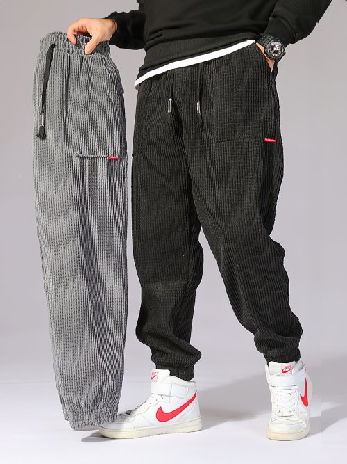 Image of Men's Baggy Corduroy Jogger Pants with Tech Fleece Lining – Autumn Winter Casual Harem Sweatpants for Sport and Everyday Wear
