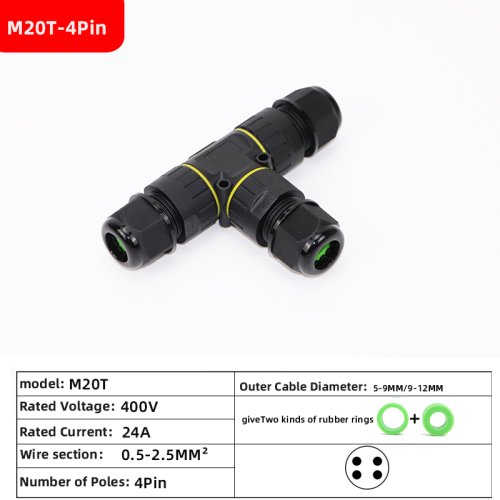 Immagine di Connettore Impermeabile IP68 a Forma di T per Luci LED – Ramificazione 3 Vie e 4 Vie, Resistente alla Pioggia e all'Acqua, Adattatore Cavo da 2, 3 o 4 Poli per Uso Esterno