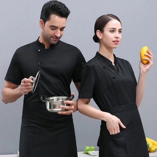 Afbeelding van Nieuwe Ademende Mesh Koksjas voor Heren en Dames - Korte Mouwen, Cool Werktop voor Keuken en Food Service in Zwart en Wit
