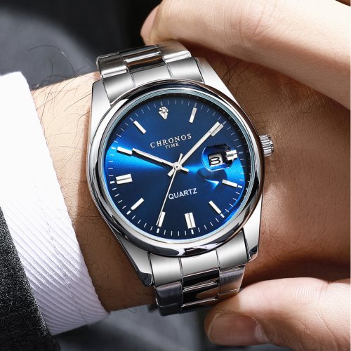 Imagen de Reloj de Pulsera Chronos de Lujo para Hombre con Iluminación LED, Resistente al Agua, Fecha y Correa de Acero Inoxidable - Reloj Cuarzo Elegante y Duradero